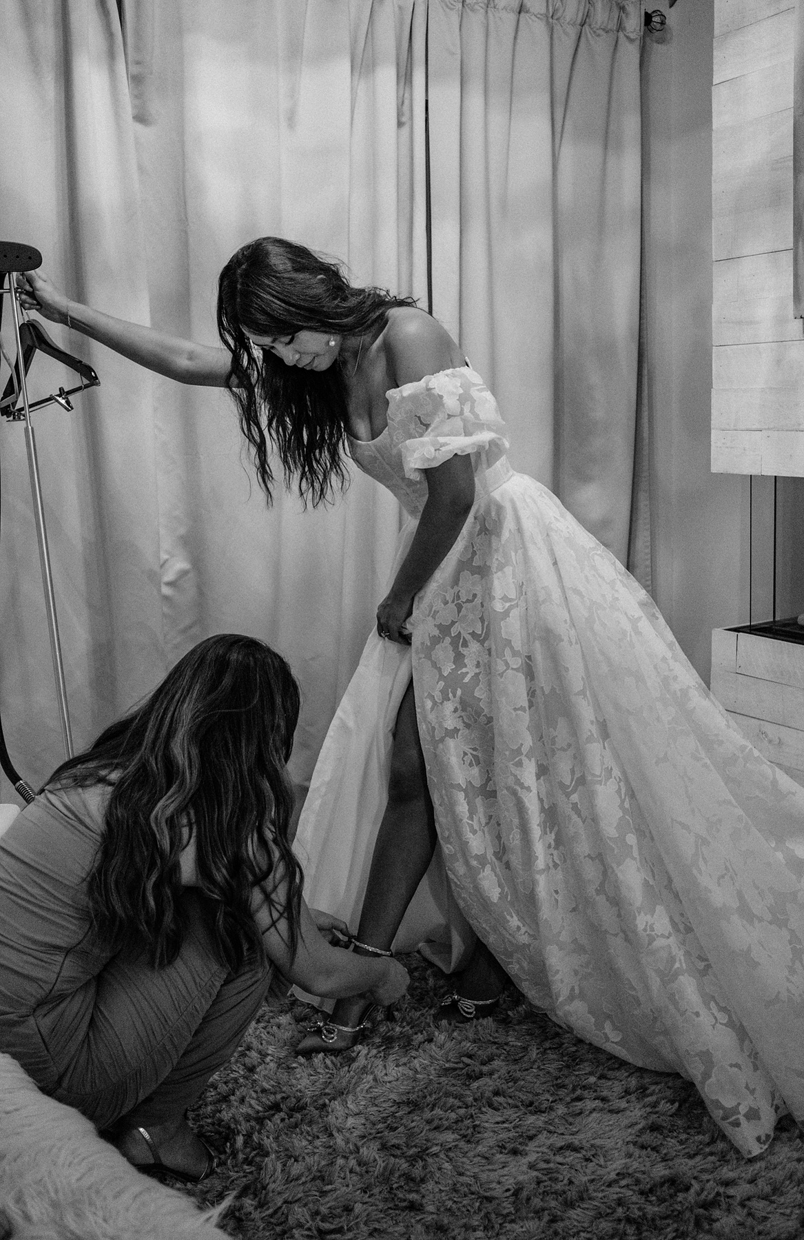 Bride getting ready at Lambs Hill, location Beacon, NY in the Hudson Valley. Photographed in Black and White by Villetto Photography