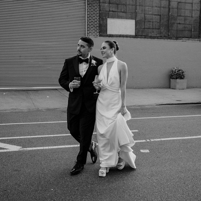 Brooklyn Bride and Groom walking in the street. Classy timeless Black and White Photo.