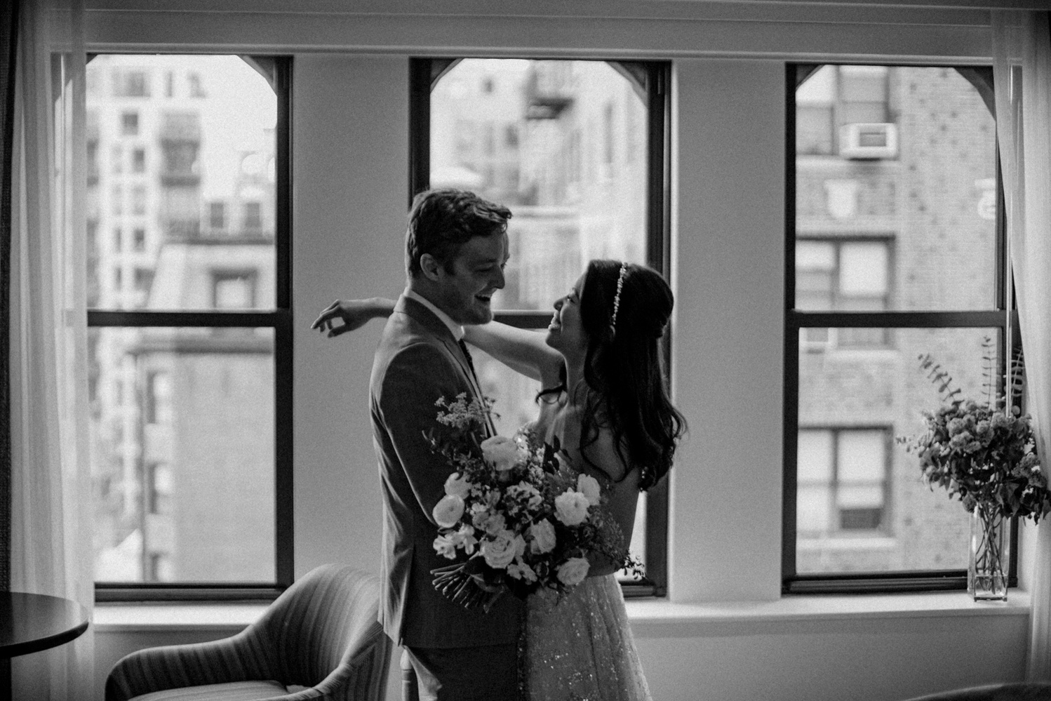 Couple sees each other for the first time. In NYC hotel, Photographed by Villetto Photography. Central Park.