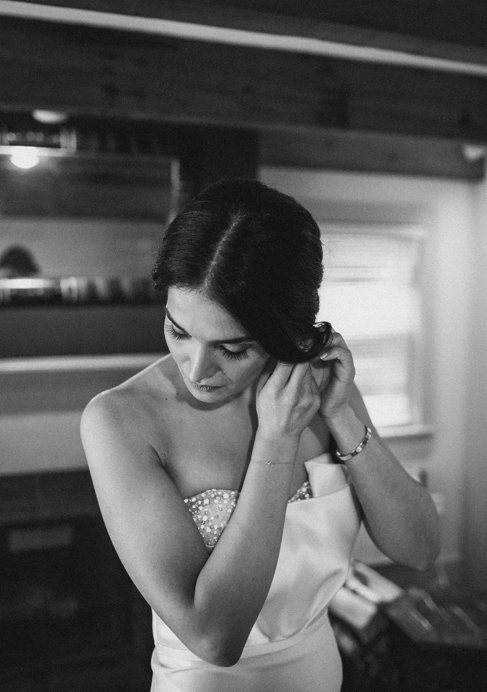 Bride getting ready at the Foxfire Mountain House. Weddings in the Hudson Valley.