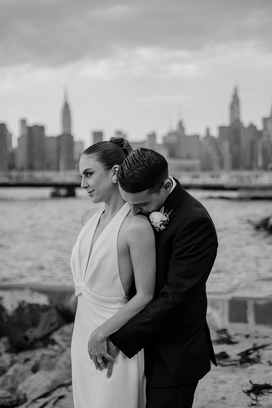 Hudson Valley and NYC Wedding Photographer- Stylish Wedding Couple with NYC in the background.