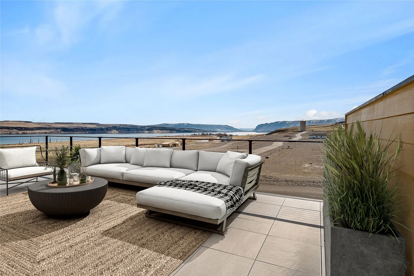 Virtual staging of riverfront deck, sunshine,