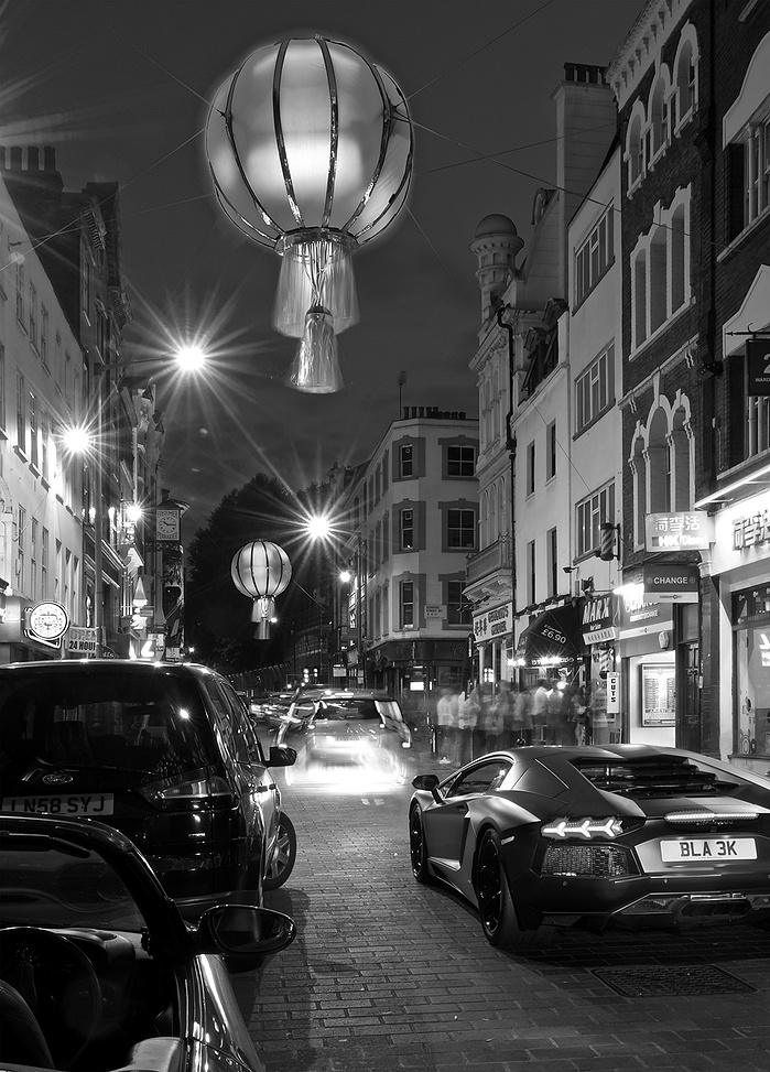 A long exposure black and white photo of China town at night by Mark Burley