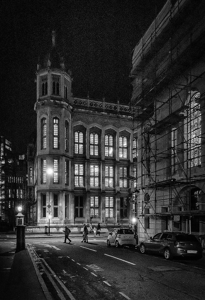 A night-time black and white photographic image of The City by Mark Burley