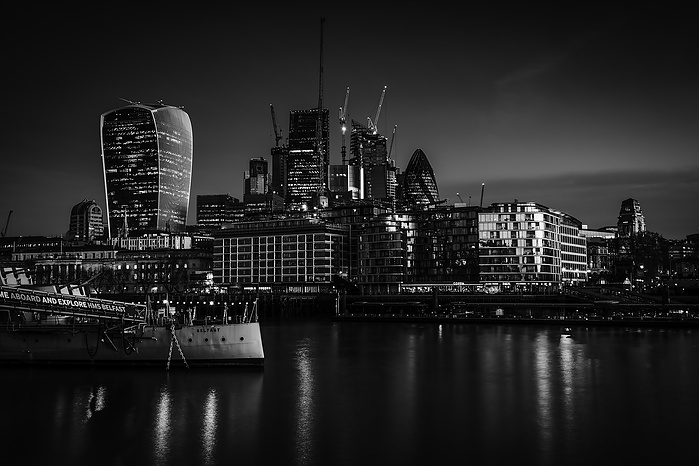 A black and white photo of the The City at Dawn by Mark Burley