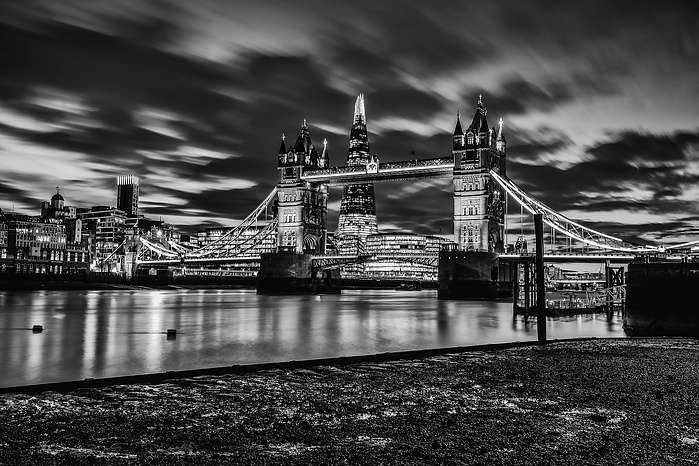 A long exposure black and white photo of Tower Bridge at dawn by Mark Burley