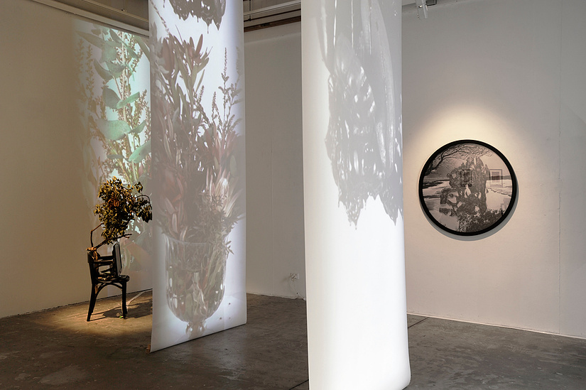 One channel HD video displayed on TV screen, chair and tree branch. An Inkjet print in a circular frame.