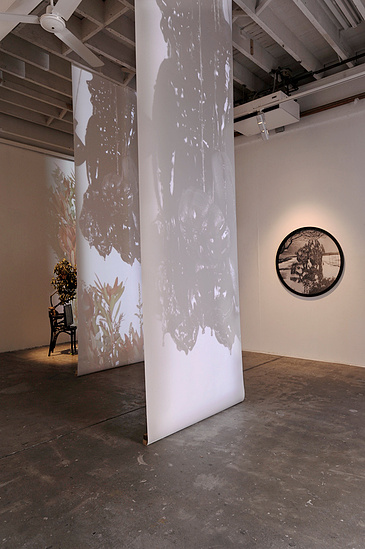 Three channel HD video projected on three screens. An Inkjet print in a circular frame.