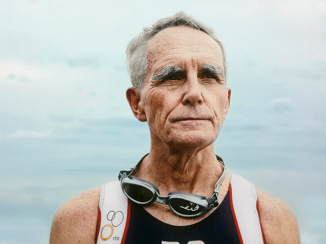 Portrait of older male triathlete photographed by Madison, Wisconsin photographer for healthcare advertising and marketing material.