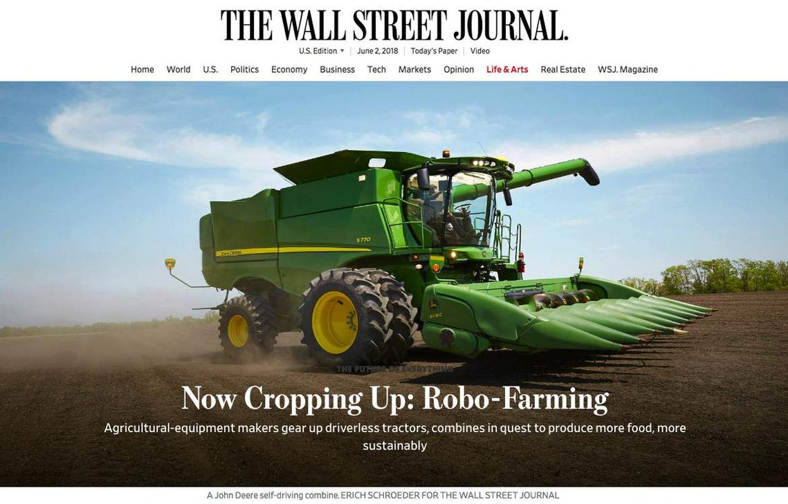 Agriculture photography for an article about agricultural machinery / robo-farming, published by The Wall Street Journal