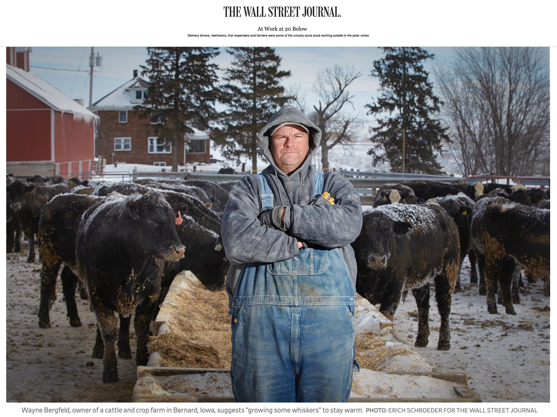Portrait of Wayne posing in front of his cattle in Bernard, Iowa. Photo: Erich Schroeder for The Wall Street Journal