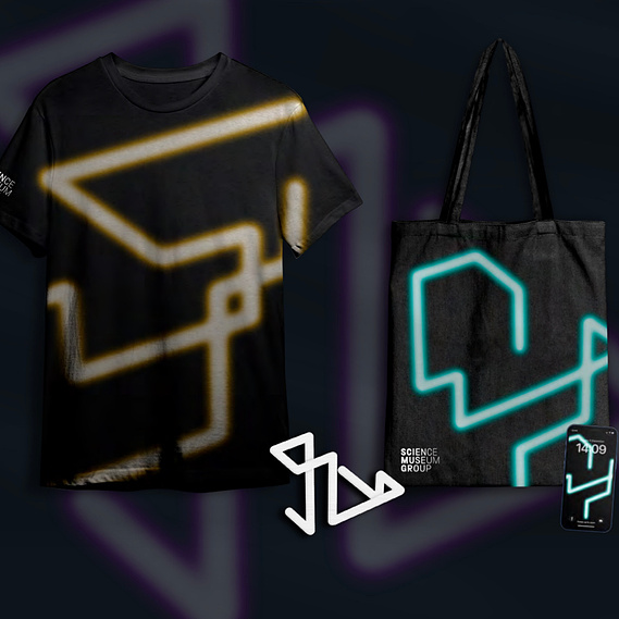 A mockup showing how a user's individual trail through the grid could be used to customise merchandise, like t-shirts, bags and phone wallpapers.