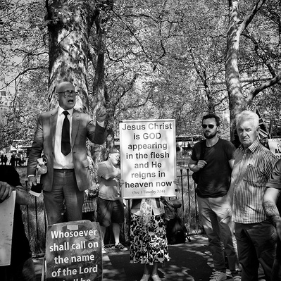 A preacher at speakers corner London black-and-white photography