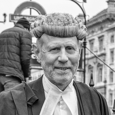 A judge dressed in costume, London black-and-white photography