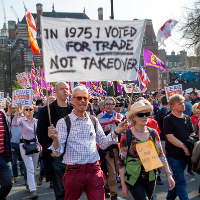 'Pro Brexit Supporters walk past Parliament, London Colour Street Photography'
