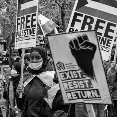 'Pro Palestinian supporter, Embankment, London Street Photography Black and White'