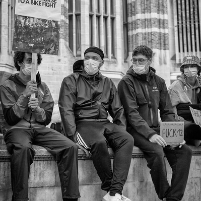 'Three Protesters sitting on a wall at the Black Lives Matter Protests, Black and White London Street Photography'