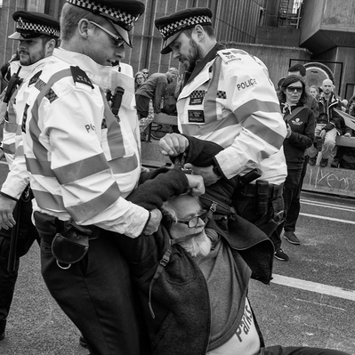 'Extinction Rebellion Protester Getting Arrested, Waterloo Bridge, London Black and White Street Photography'