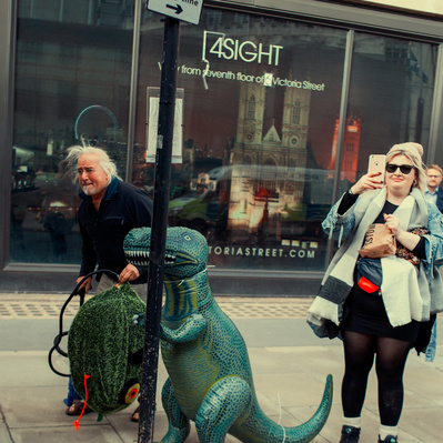 'No Waiting Green Dinosaur, London Colour Street Photography'