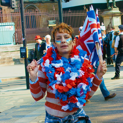 'Flag seller at the Pro Brexit Protests Westminster, London Colour Street Photography'