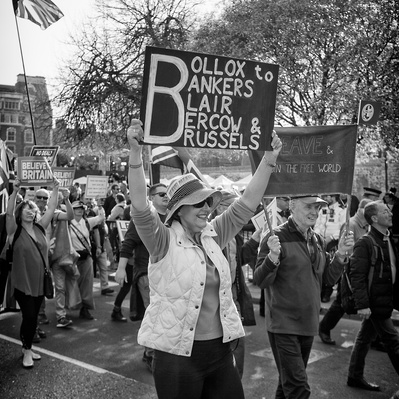 'Pro Brexit Supporters walk past Parliament, London Black and White Street Photography'