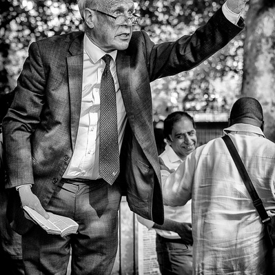 Man, preaching speakers corner London black-and-white photography