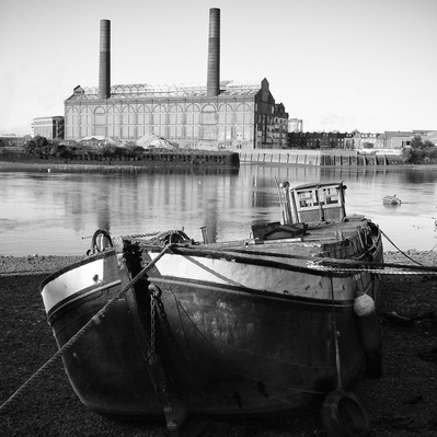 Boat lot Road power station background black-and-white photography