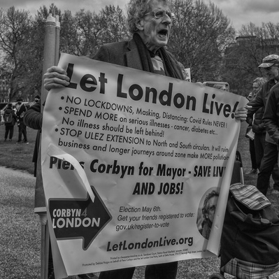 'Piers Corbyn Protesting in Hyde Park, London Street Photography Black and White'