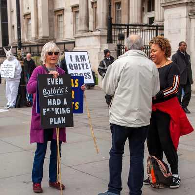 'Pro Europe Protester with funny placard in Trafalgar Square, London Colour Street Photography'