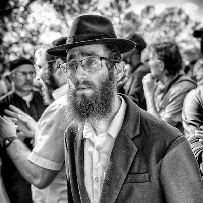 Jewish man speakers corner London black-and-white photography