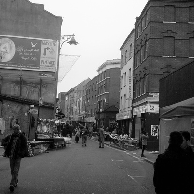 Photo of Brick Lane market. East London. black & white photography
