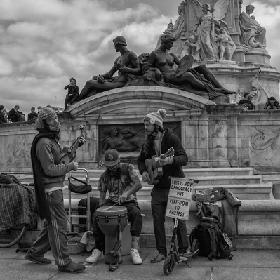 'Kill the Bill Musicians playing outside Buckingham Palace, London Street Photography Black and White'