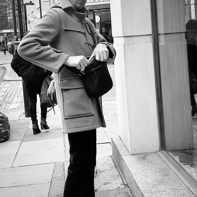 Man wearing 60 style clothing, Victoria London black-and-white photography