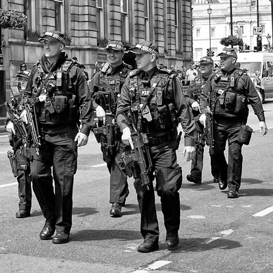 'Armed Met Police Officers on Duty at the Tommy Robinson Protests, London Black and White Street Photography'