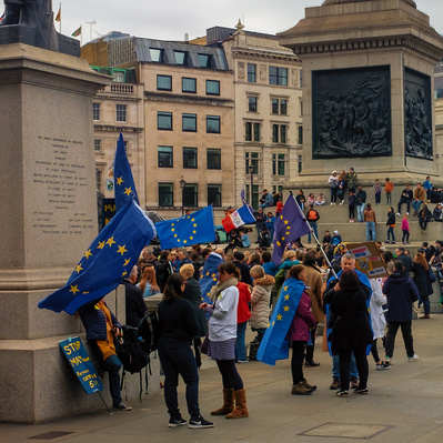 'Pro European supporters getting ready to protest, in trafalgar Square, London Colour Street Photography'