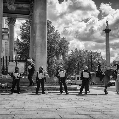 'Met Police officers Line up near Trafalgar Square during the Black Lives Matter Protest, Black and White London Street Photography' 