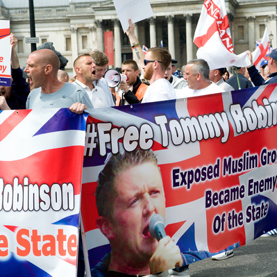 'Tommy Robinson Supporters in Trafalgar Square, London  Colour Street Photography'