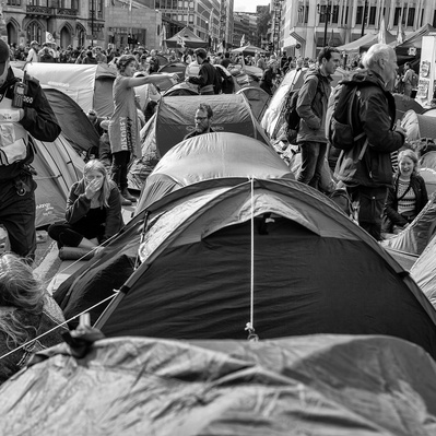 'Met Police Officer Talks to a Extinction Rebellion Protester, London Black and White Street Photography'