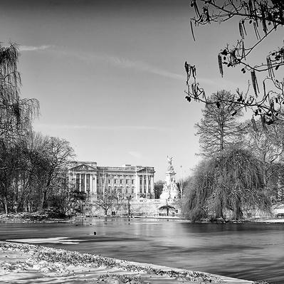 Buckingham Palace in the snow London black-and-white photography
