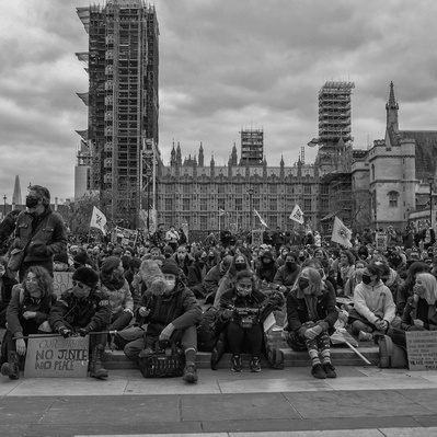 'Kill the Bill Protesters Gather outside Parliament , London. Street Photography Black and White'