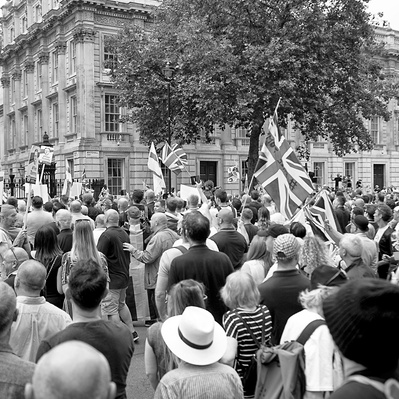 'Tommy Robinson Protesters Gather Outside Downing Street, London Black and White Street Photography'