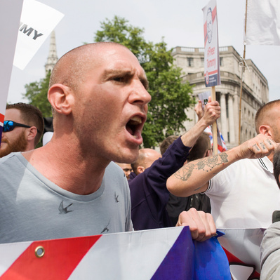 'Tommy Robinson Supporter Shouting, London Colour Street Photography'