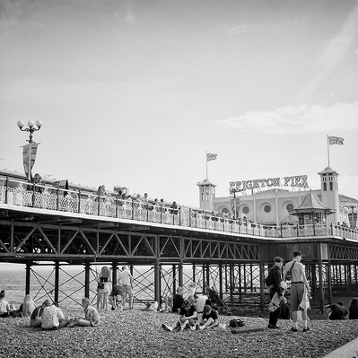 Black-and-white photograph of Brighton pier  Sussex England