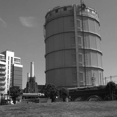 Battersea gas tank London black-and-white photography