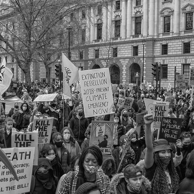 'Kill the Bill Protesters outside Parliament Square, London Street Photography Black and White'