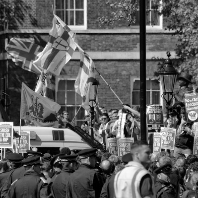 'EDL and Anti Facist protesters clash in Whitehall, London Black and White Street Photography'