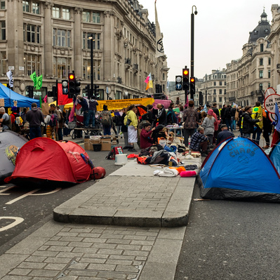 'Extinction Rebellion Protesters block Oxford Circus with tents, London Colour Street Photography'