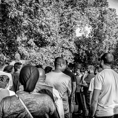 The crowd gathers round a man preaching speakers corner, London black-and-white photography