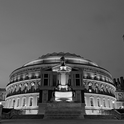 The Royal Albert Hall at night London black-and-white photography
