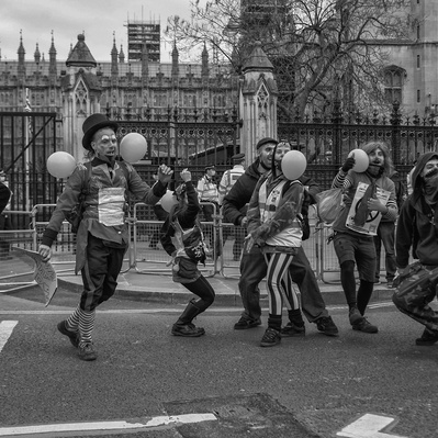 'Kill the Bill supporters dancing outside Parliament London Street Photography Black and White'